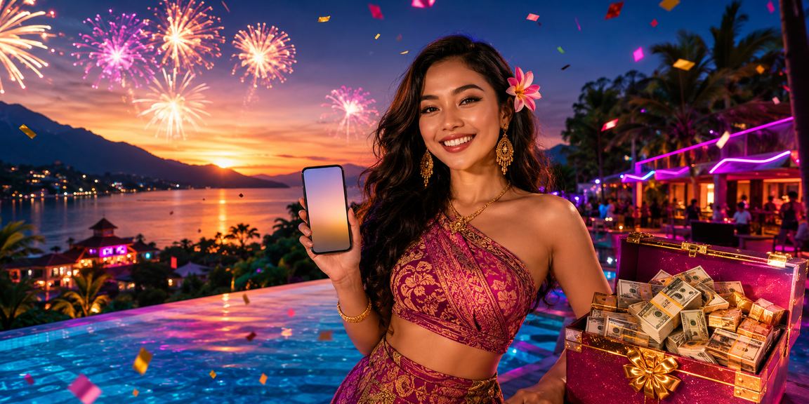 Tampilan antarmuka aplikasi casino dengan cahaya neon berwarna-warni di layar perangkat mobile