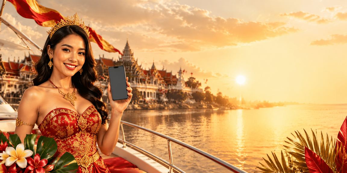 Suasana festival meriah dengan dekorasi warna-warni dan penawaran bonus spesial hari raya