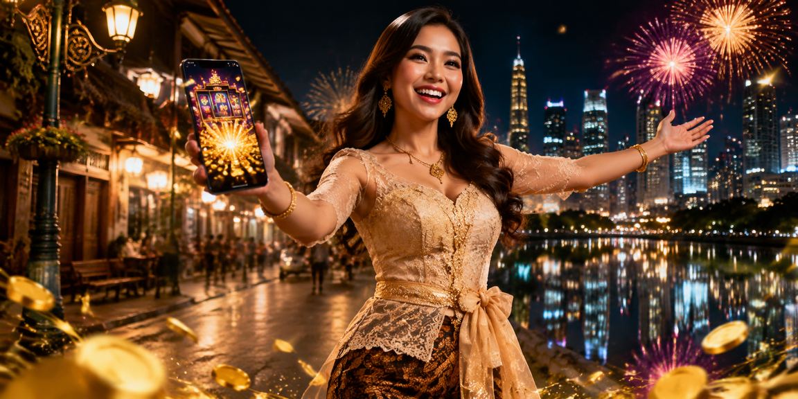 Tampilan slot game berwarna-warni dengan suasana festival malam yang meriah